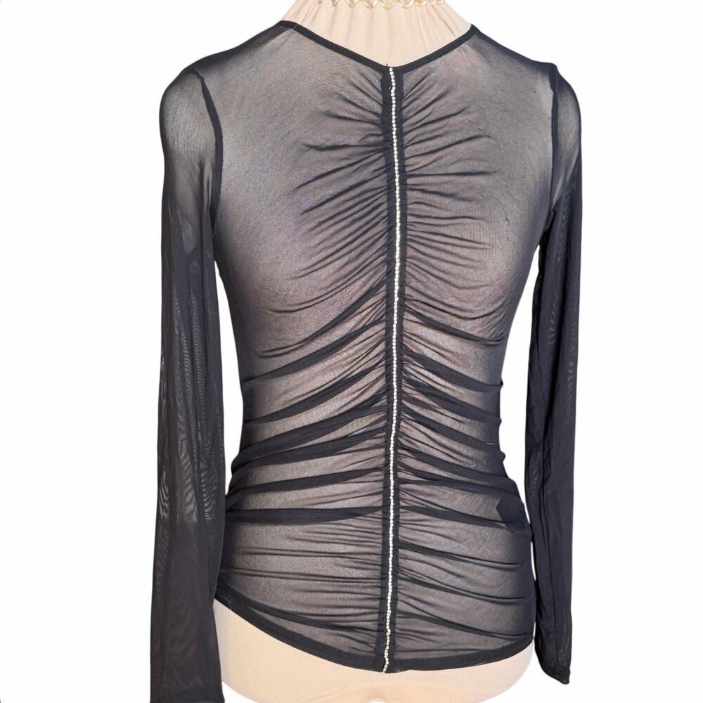 GUESS Black Sheer Mesh Ruched Rhinestone Top | Size S - Picture 3 of 9